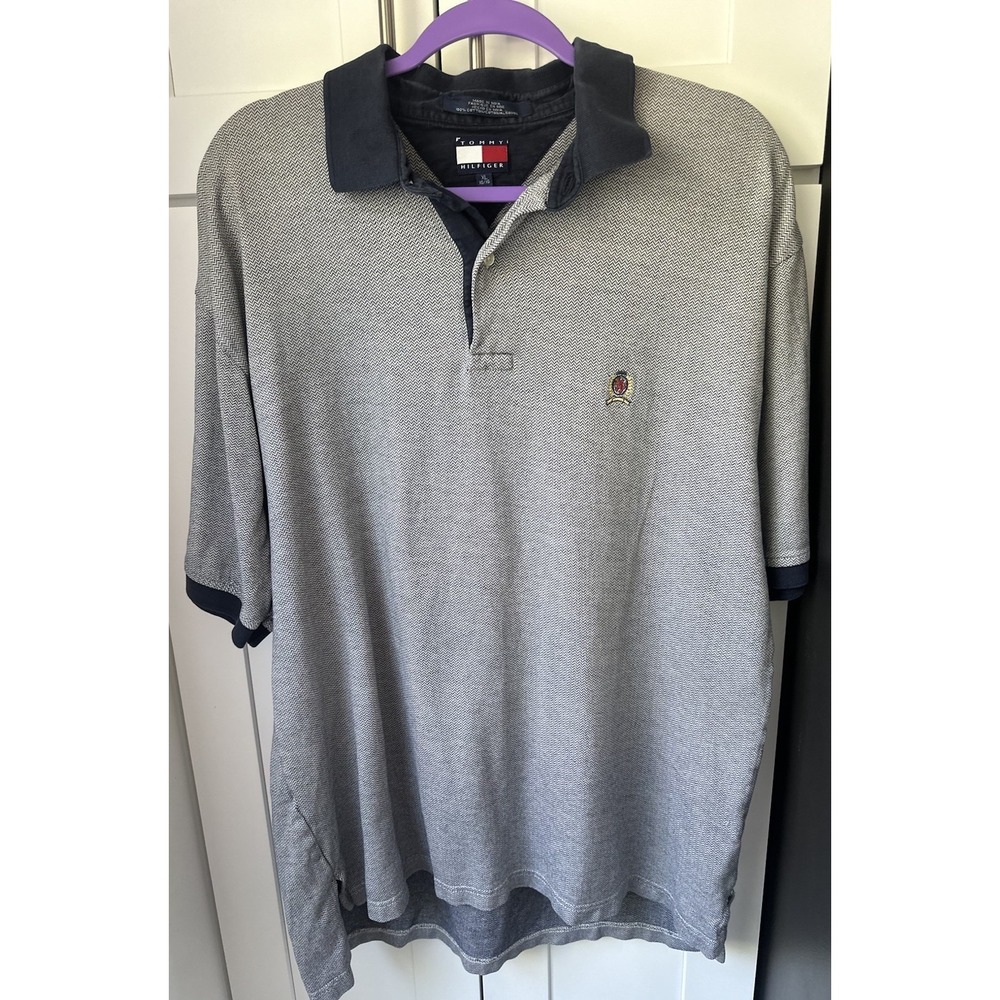 Vintage 90s Tommy Hilfiger‎ Men's XL Crest Logo Herringbone Polo Shirt Navy 0227